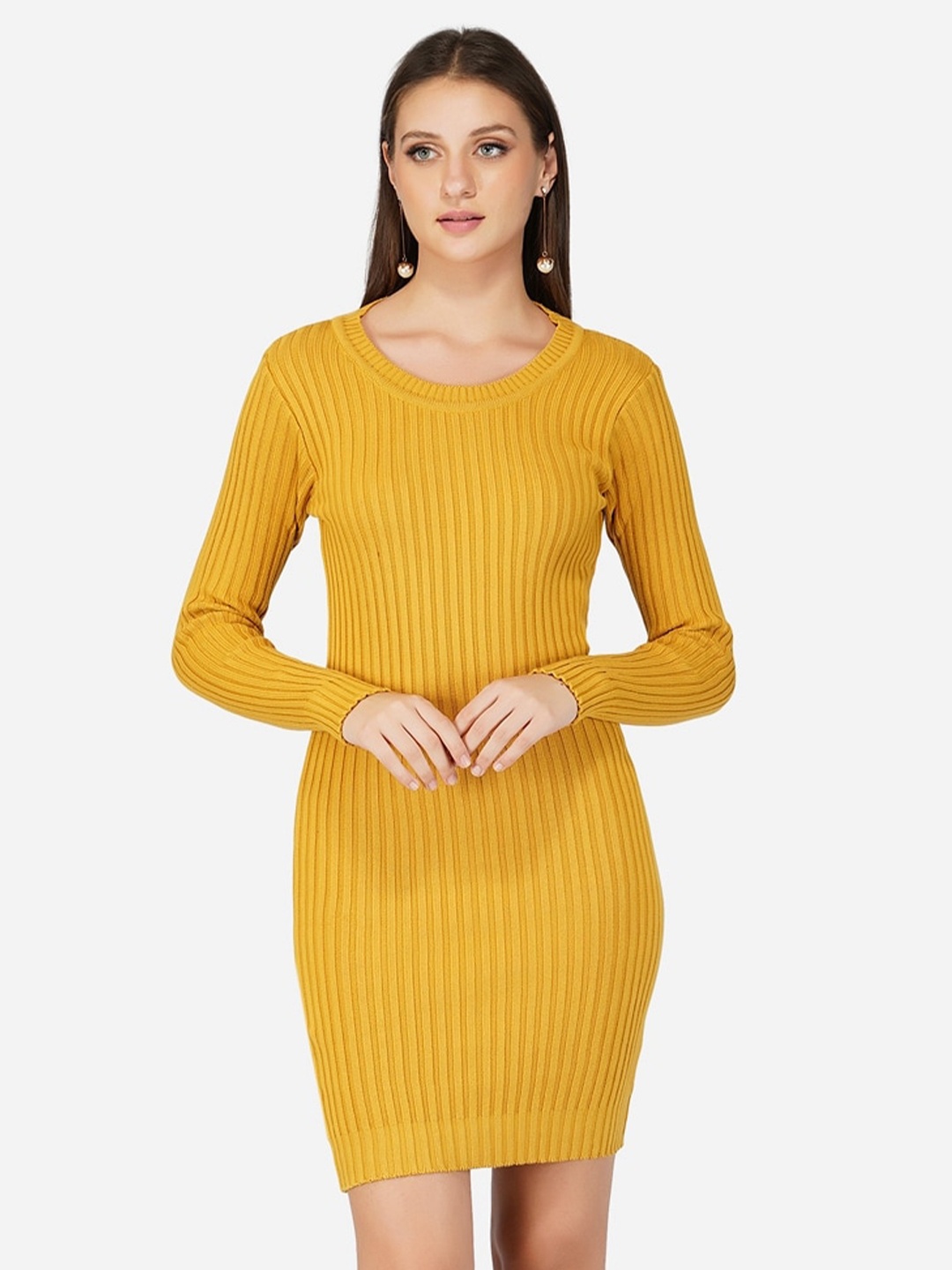 

JoE Hazel Ribbed Round Neck Cotton Jumper Dress, Mustard