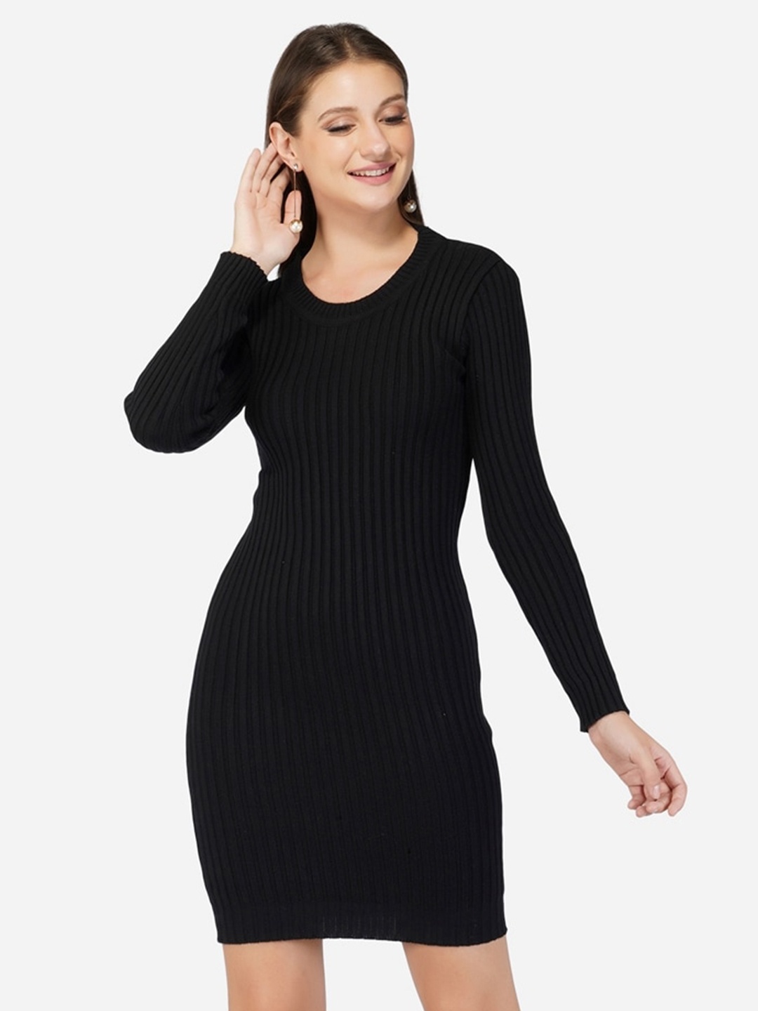 

JoE Hazel Round Neck Long Sleeves Cotton Bodycon Dress, Black
