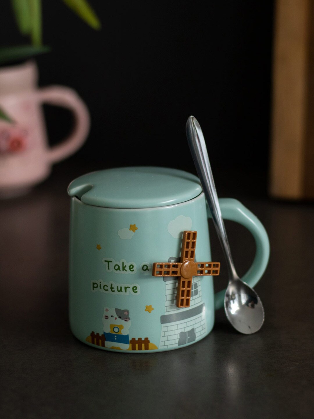 

THEDECORKART Take a Picture Blue & Mustard 3 Pcs Textured Mug with Lid and Spoon 100 ml