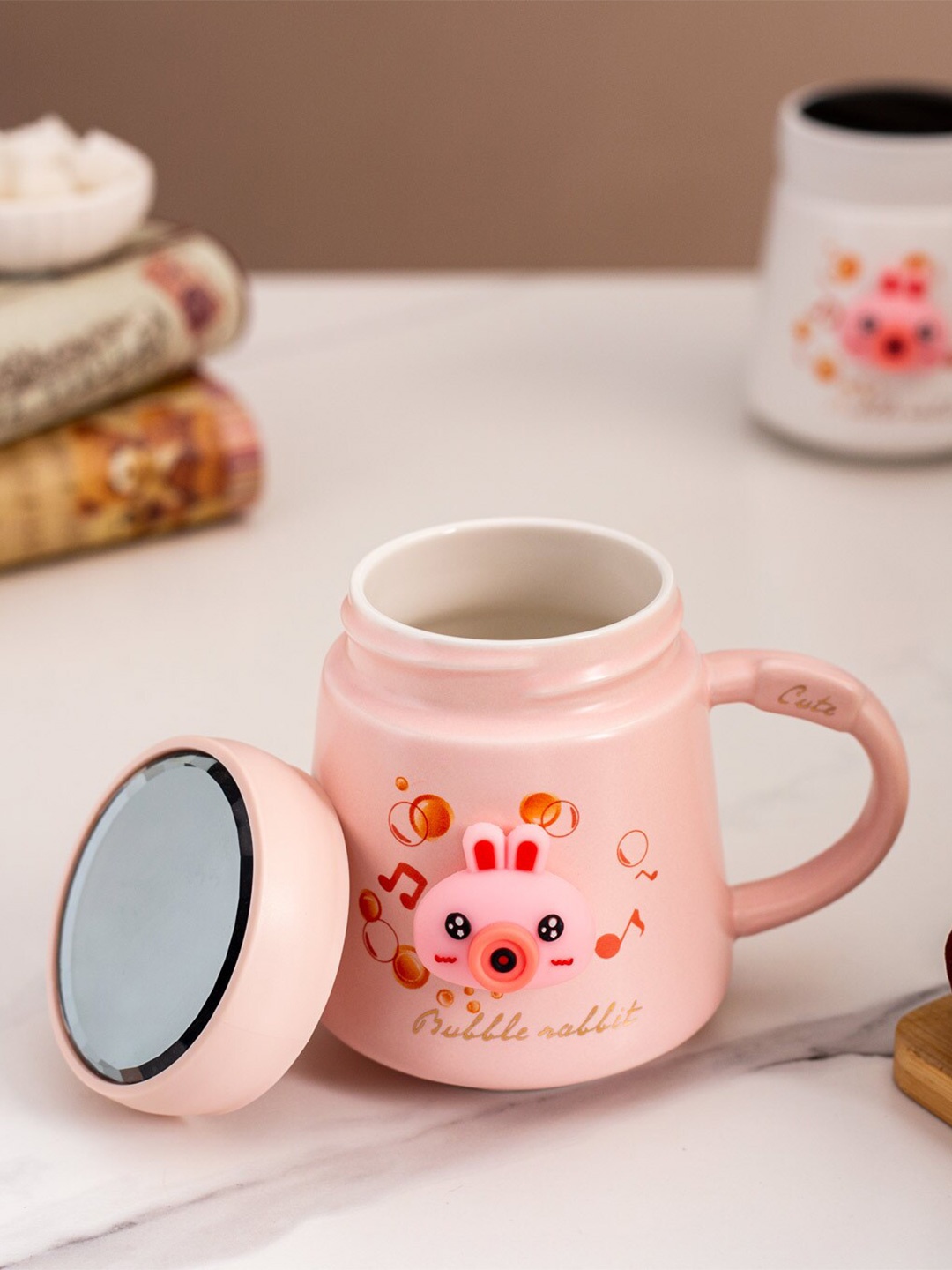 

THEDECORKART Bubble Rabbit Pink & Black 2 Pcs Textured Ceramic Glossy Mug with Lid 100 ml