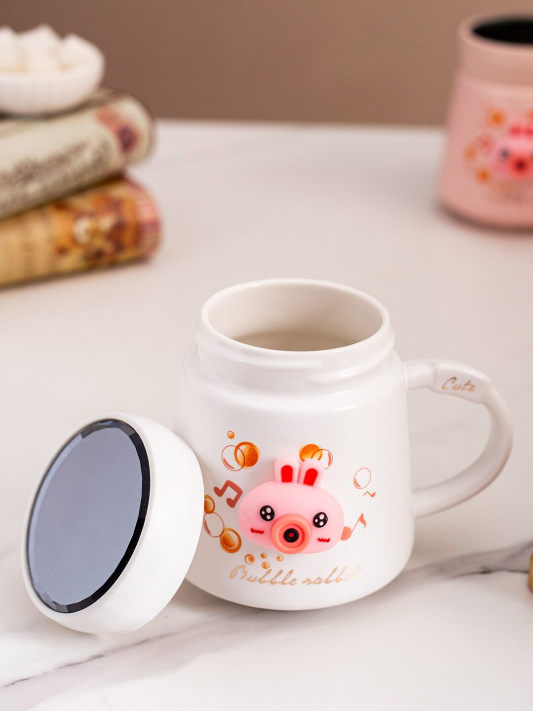 

THEDECORKART Bubble Rabbit White & Pink 2 Pcs Textured Ceramic Glossy Mug with Lid 100 ml