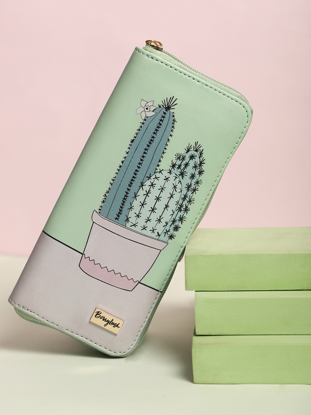

Berrylush Women Green & Pink Printed Zip Detail Zip Around Wallet