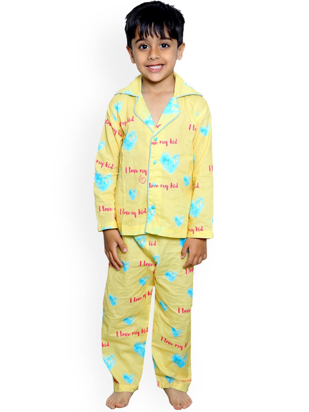 

Little Musketeer Boys Conversational Printed Pure Cotton Night Suit, Yellow