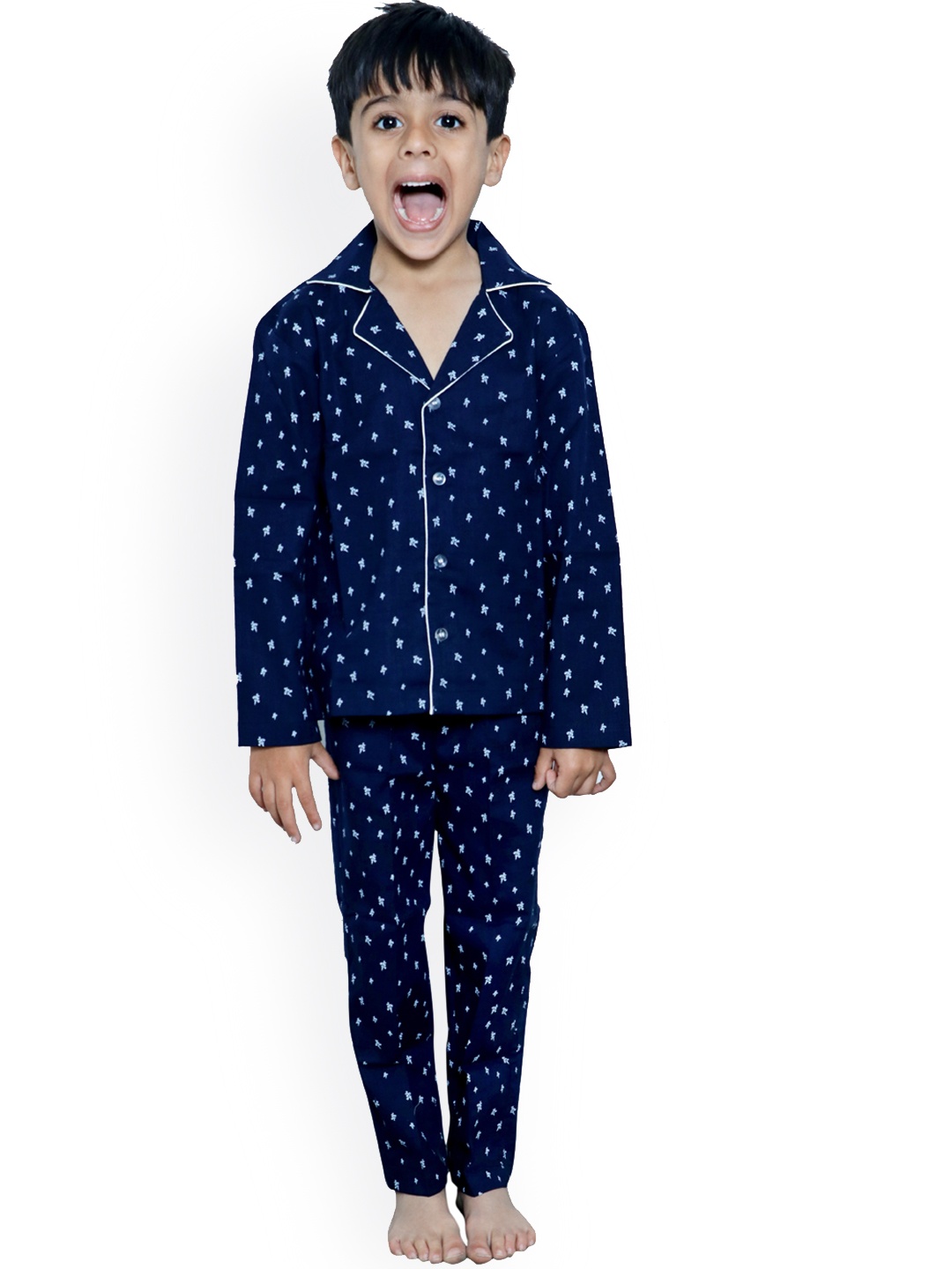 

Little Musketeer Boys Floral Printed Pure Cotton Night Suit, Blue