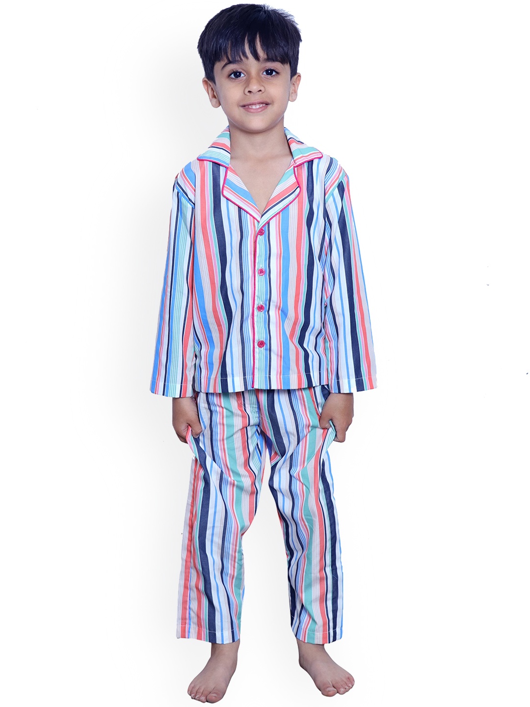 

Little Musketeer Boys Striped Pure Cotton Night Suit, White