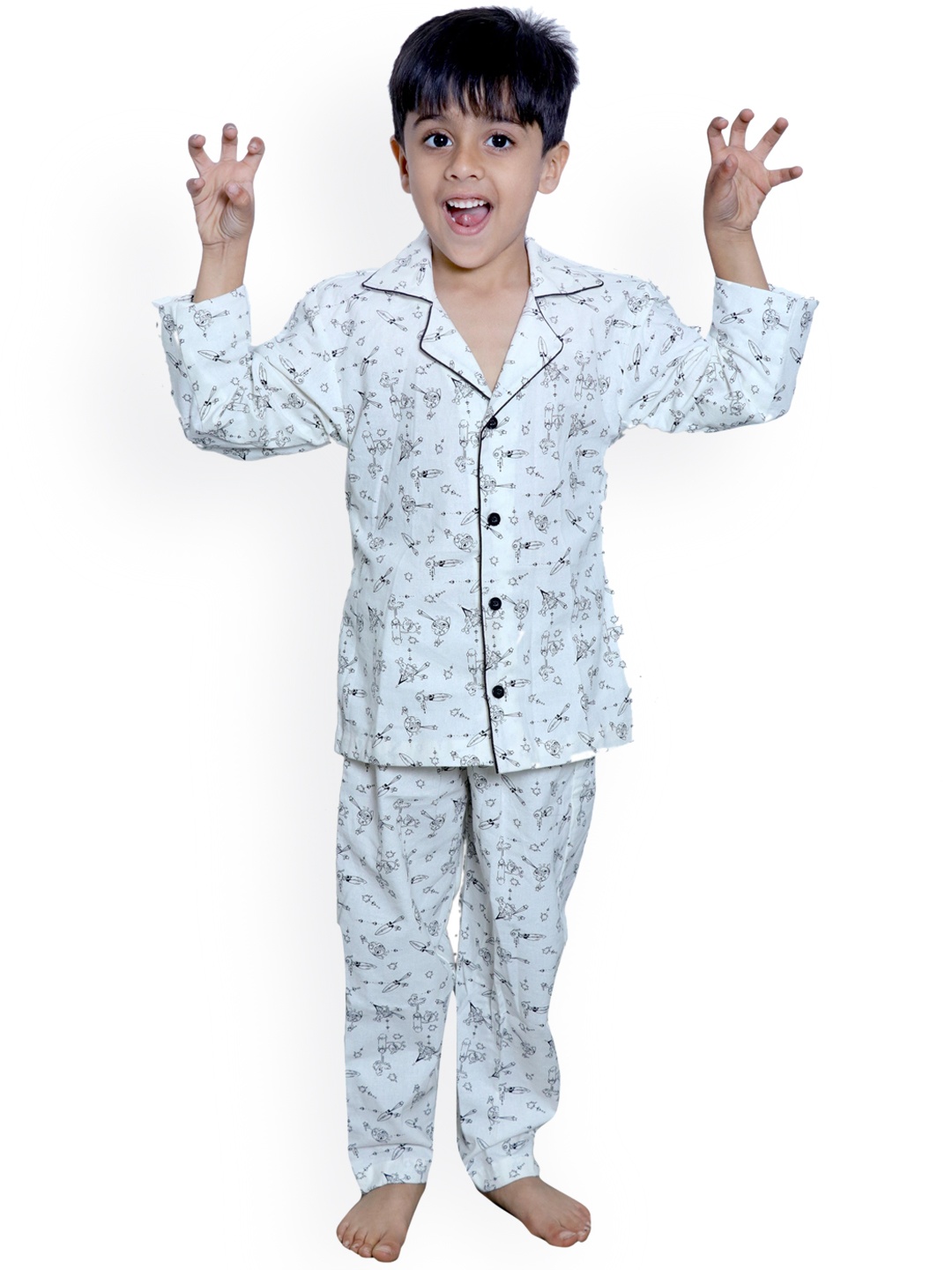 

Little Musketeer Boys Conversational Printed Pure Cotton Night Suit, White