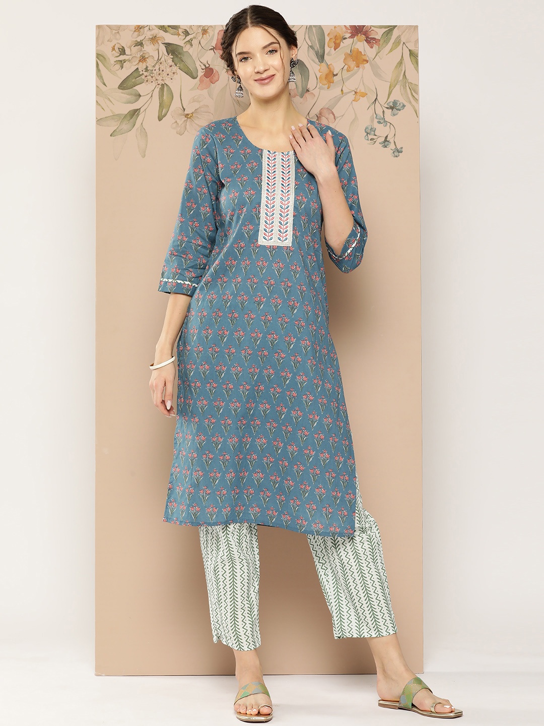 

Yufta Floral Printed Regular Pure Cotton Kurta with Trousers, Blue