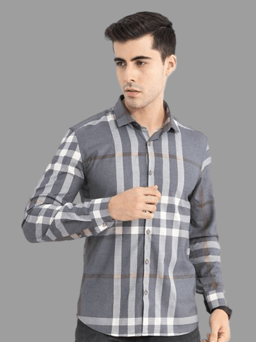 

APNISHA Long Sleeves Checked Casual Cotton Shirt, Grey
