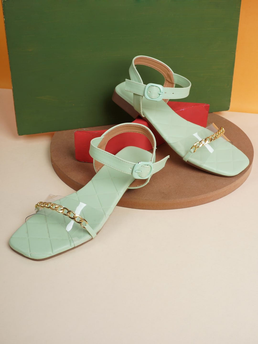

Walkfree Women Textured Embellished Open Toe Flats, Green