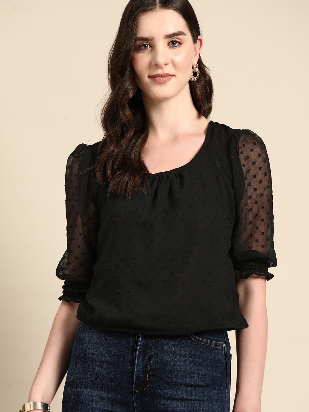 

all about you Dobby Weave Gathered Detail Puff Sleeves Georgette Top, Black
