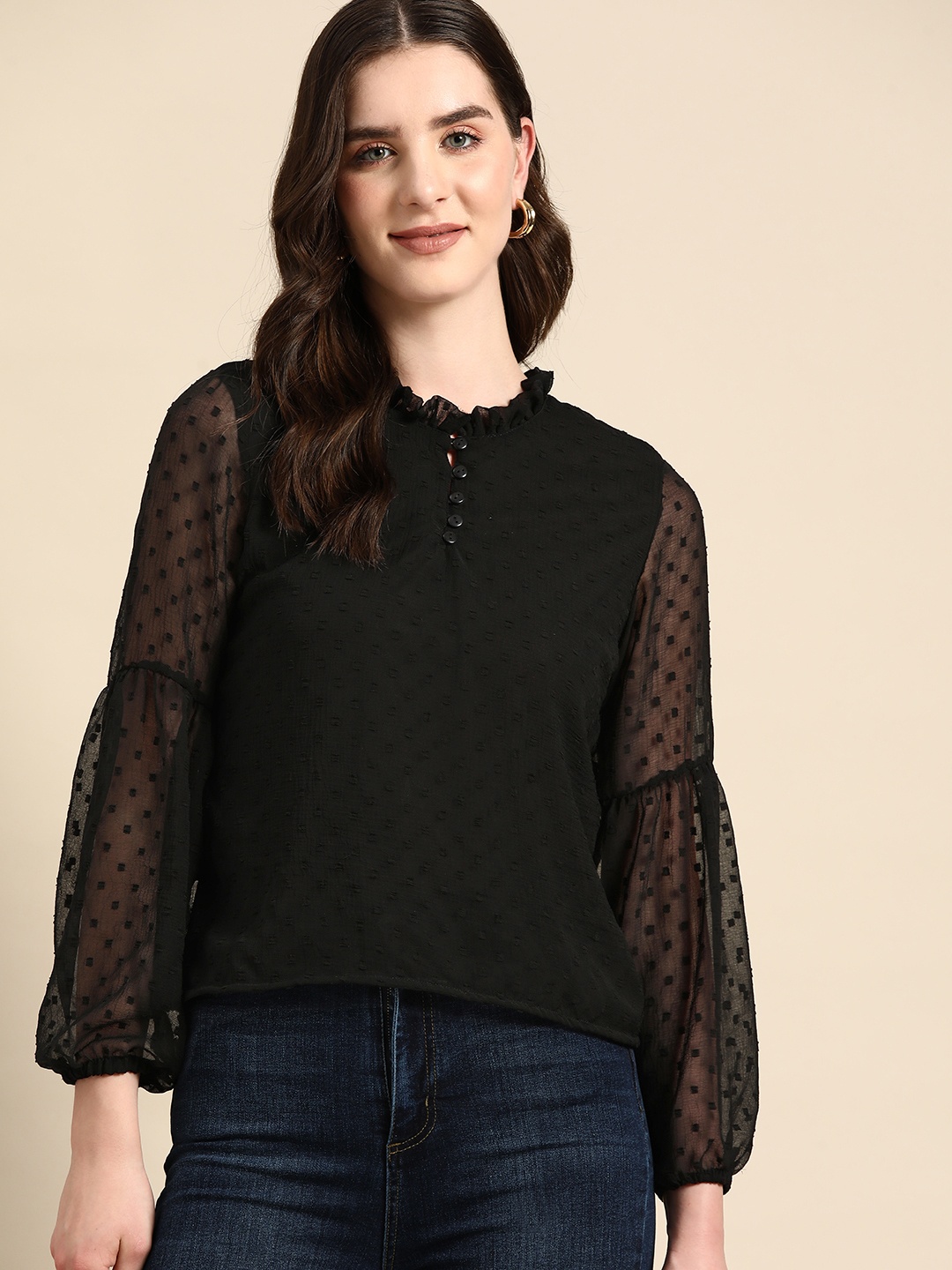

all about you Dobby Weave Puff Sleeves Georgette Top, Black