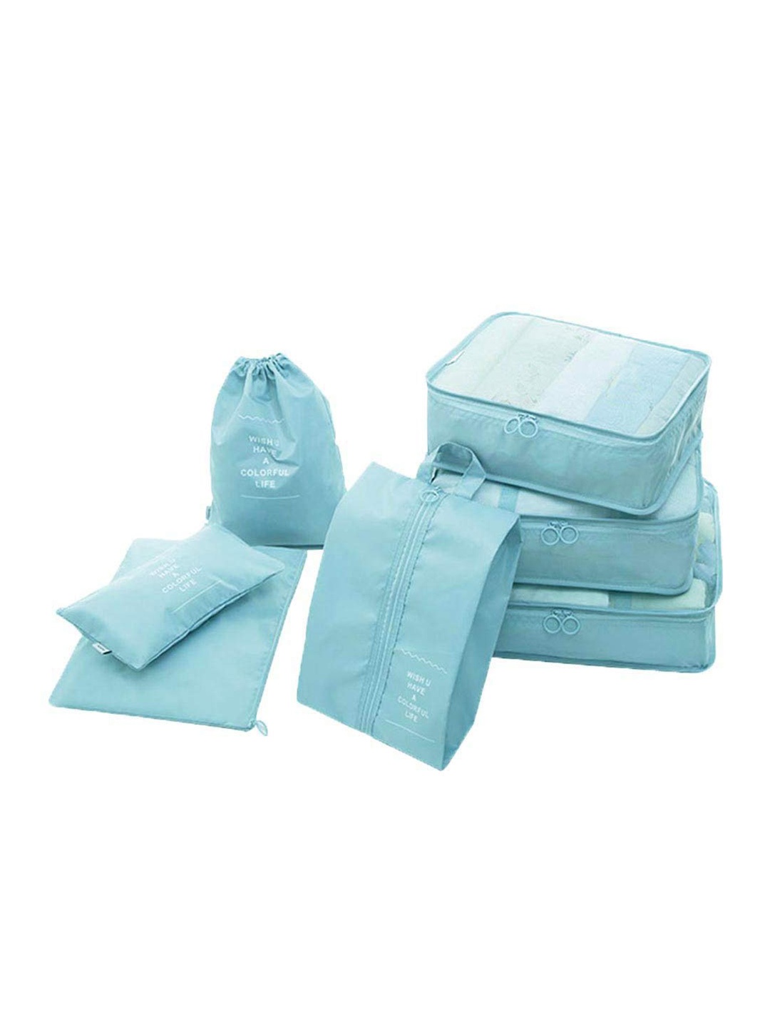 HOUSE OF QUIRK Blue 7 Pieces Packing Cubes With Pouch & Toiletry Bag Organisers