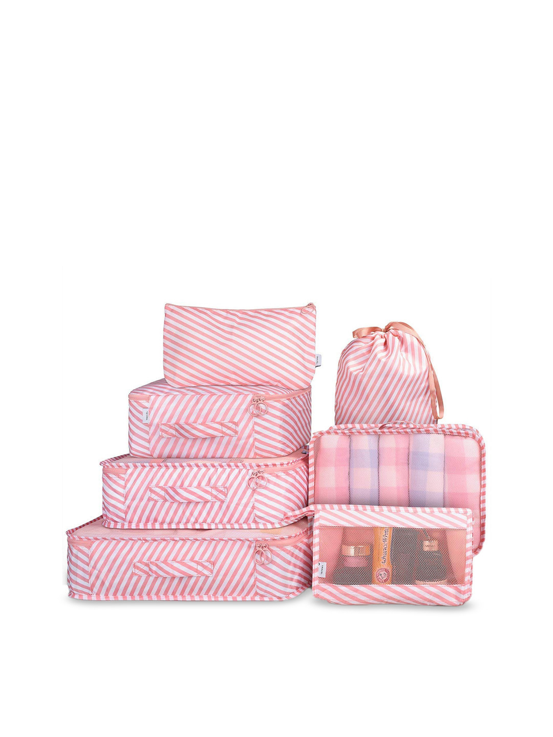 

HOUSE OF QUIRK Pink 7 Pieces Striped Packing Cubes With Pouch & Toiletry Bag Organisers
