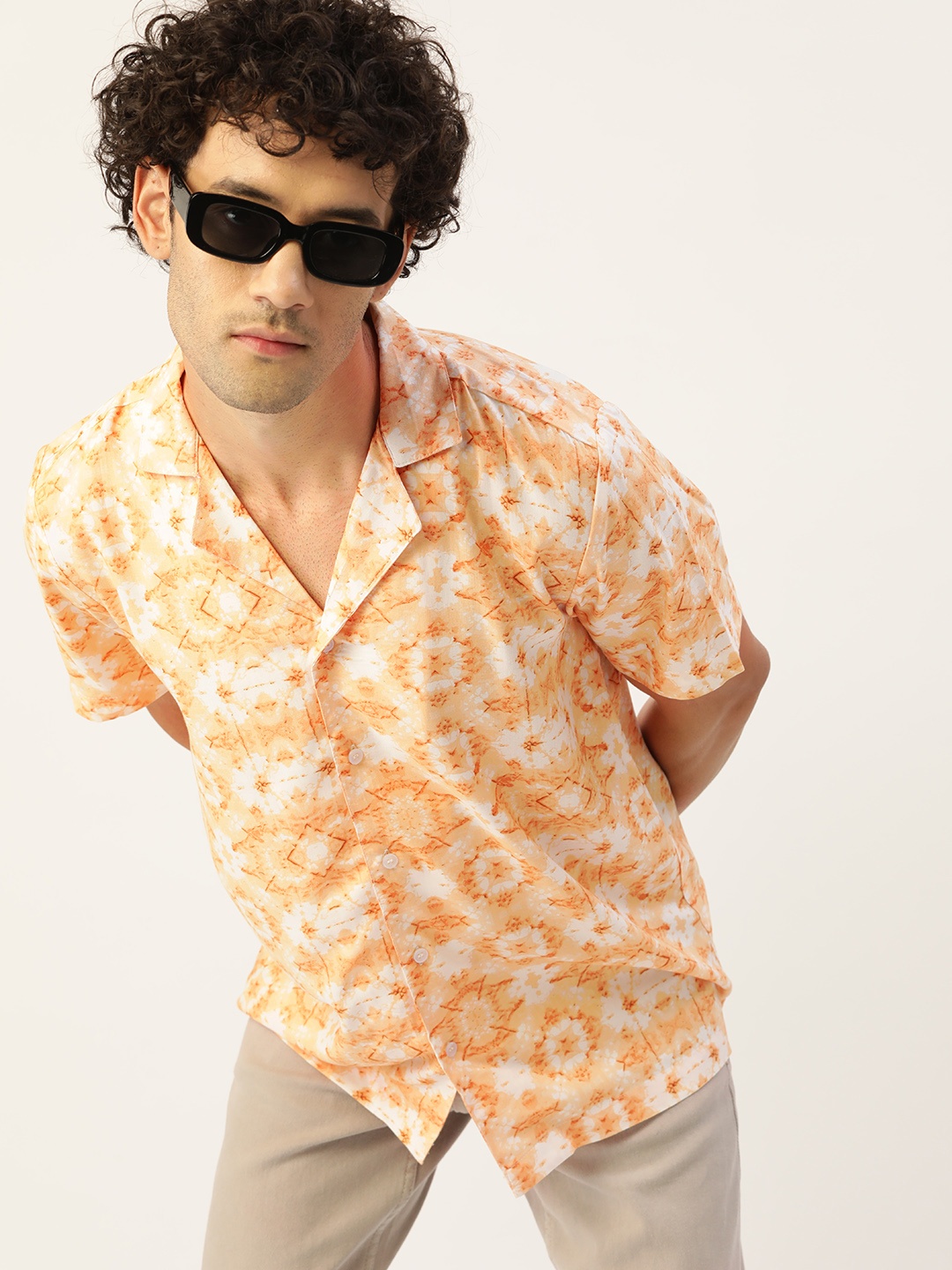 

Kook N Keech Classic Printed Cuban Collar Casual Resort Shirt, Orange