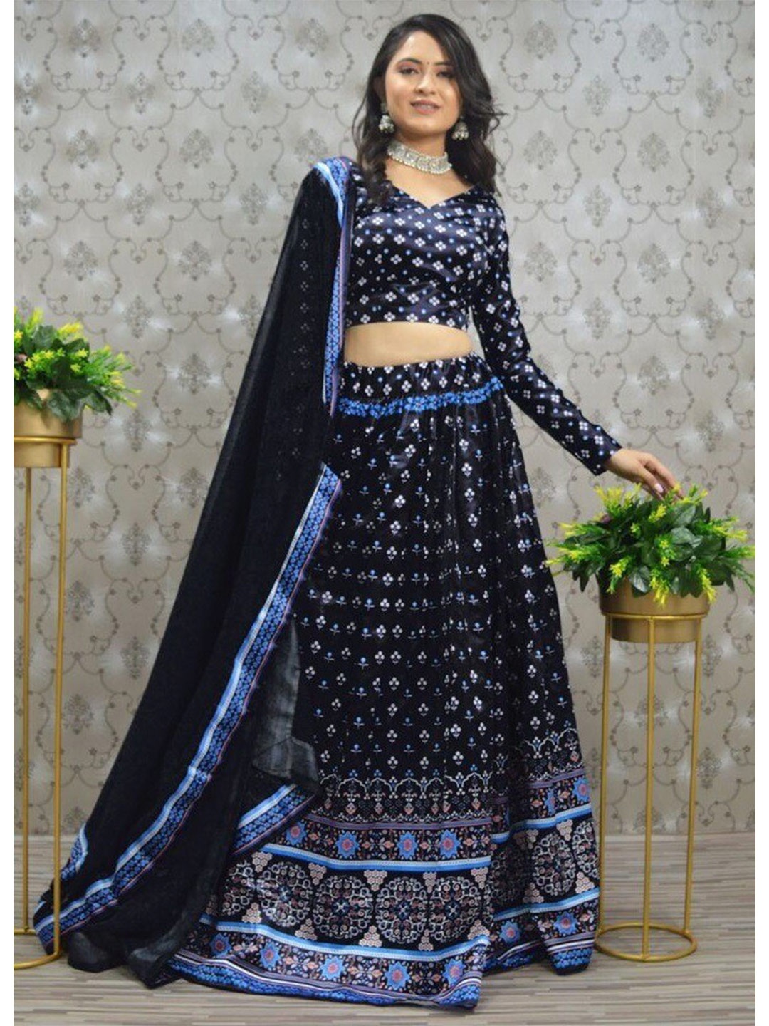 

Fashion Basket Printed Semi-Stitched Lehenga & Unstitched Blouse With Dupatta, Blue