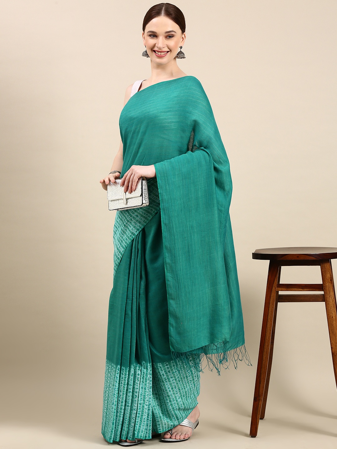 

ArtEastri Woven Design Pure Cotton Handloom Shibori Saree, Sea green