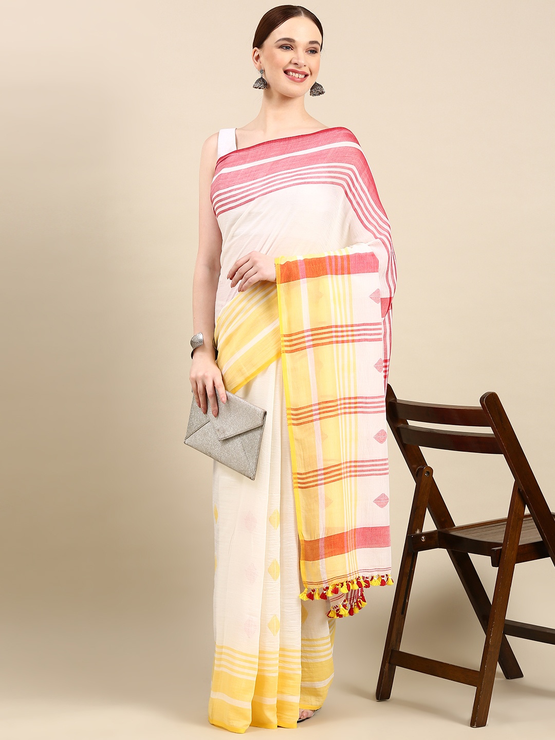 

ArtEastri White & Red Woven Design Pure Cotton Jamdani Saree