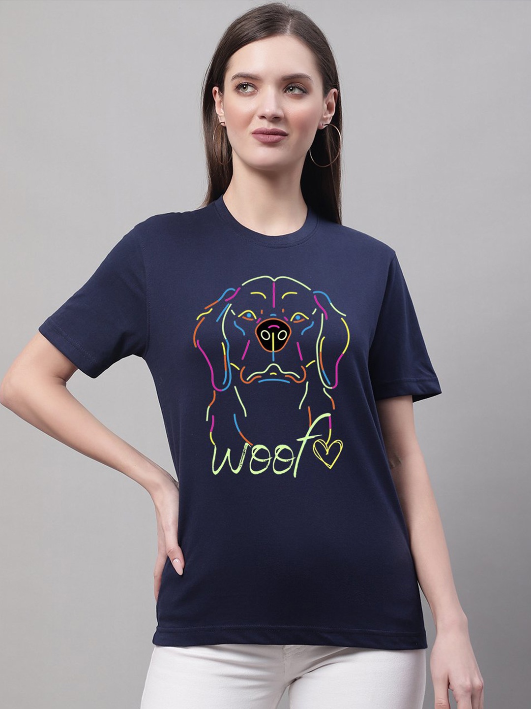

borse lele Round Neck Typography Printed Pure Cotton T-shirt, Navy blue