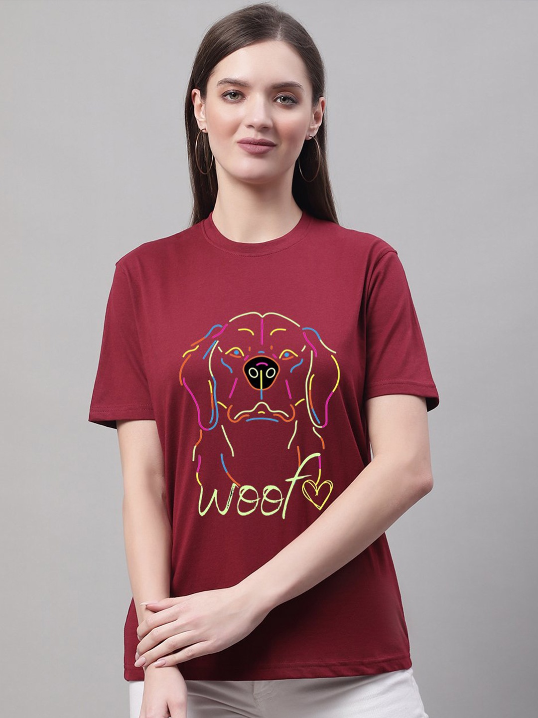 

borse lele Round Neck Typography Printed Pure Cotton T-shirt, Maroon