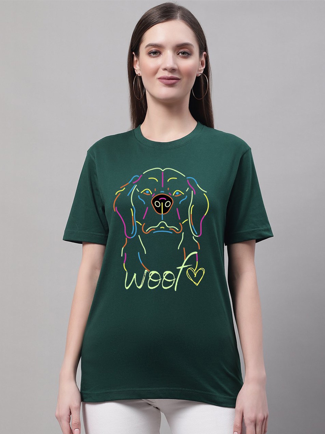 

borse lele Round Neck Typography Printed Pure Cotton T-shirt, Green
