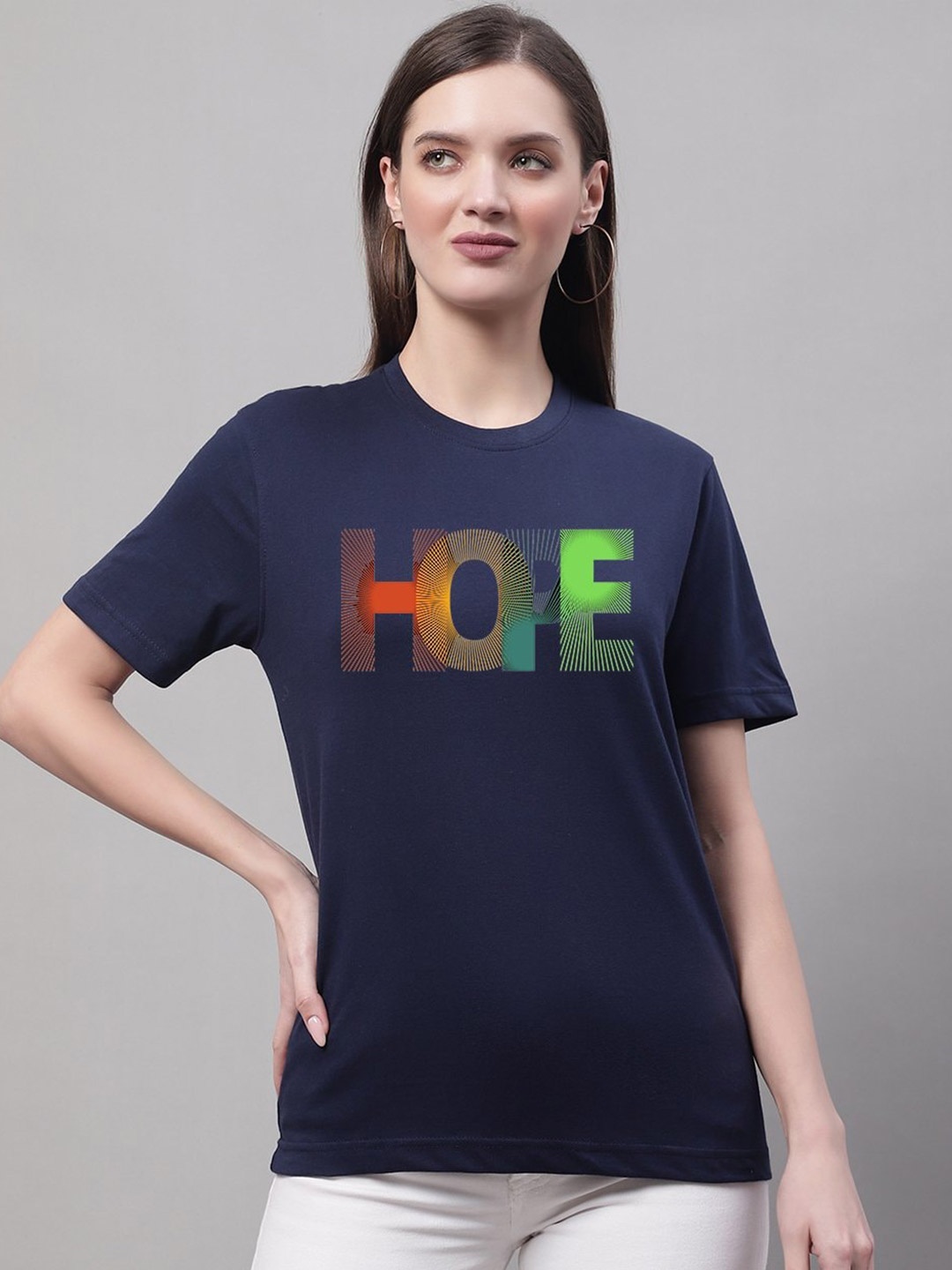 

borse lele Round Neck Typography Printed Pure Cotton T-shirt, Navy blue