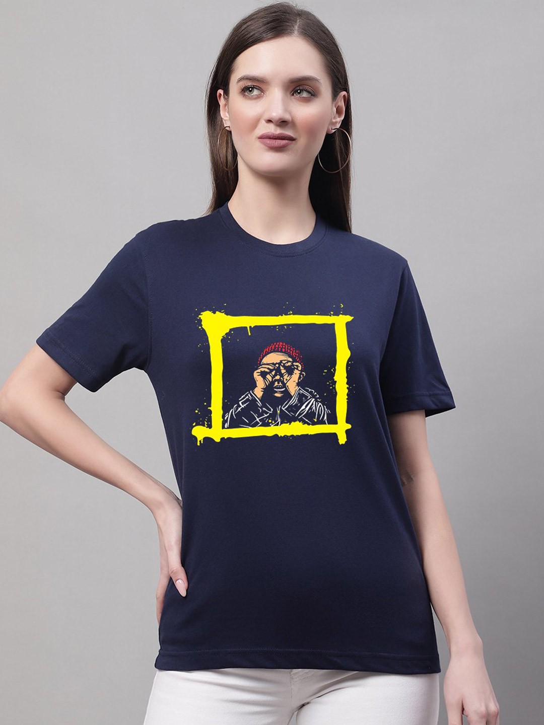 

borse lele Women Printed Cotton T-shirt, Navy blue