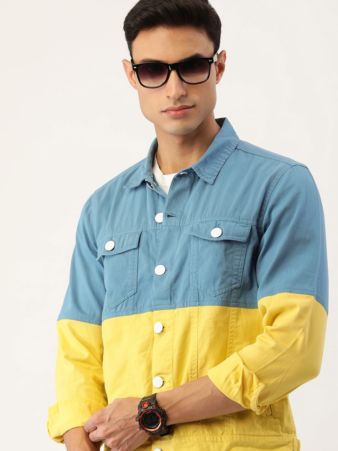 

Bene Kleed Colourblocked Dyed Pure Cotton Lightweight Jacket, Blue