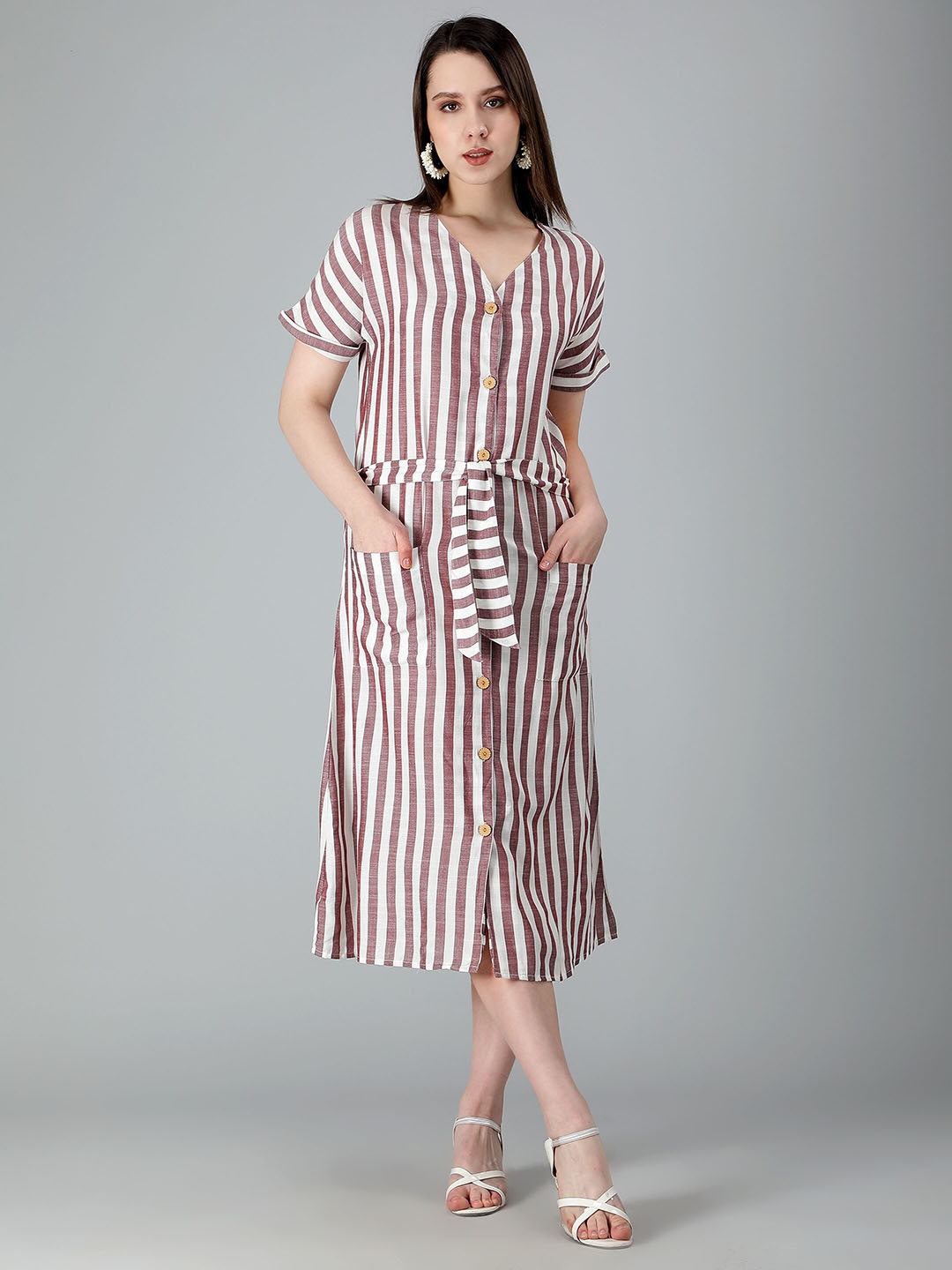 

misbis Striped Pure Cotton A-Line Midi Dress, Brown