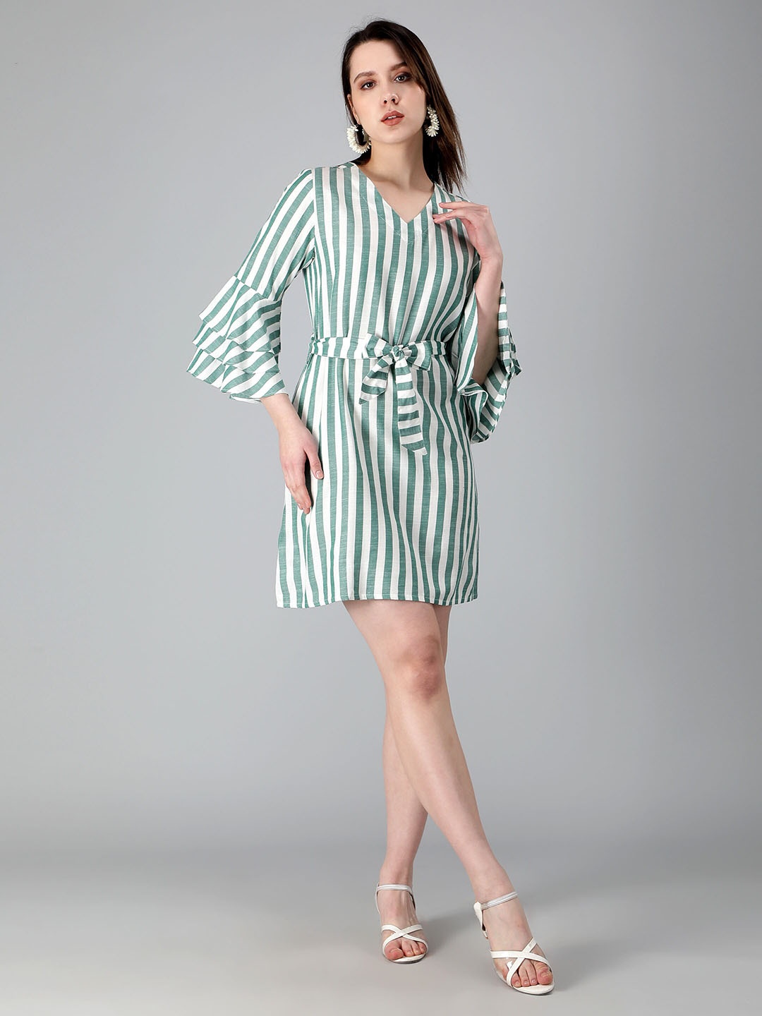 

misbis Striped V-Neck Bell Sleeves Waist Tie-Up Pure Cotton Dress, Green