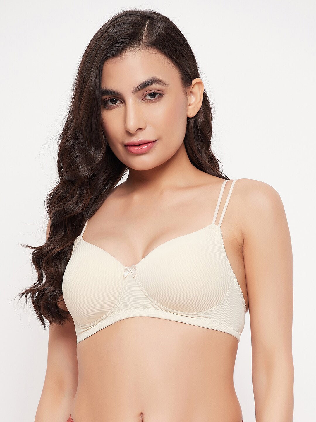 

Clovia Non-Wired Lightly Padded Self-Striped T-shirt Bra, Beige