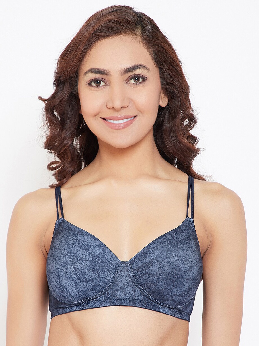 

Clovia Navy Printed Lightly Padded Non-Wired T-shirt Bra, Navy blue