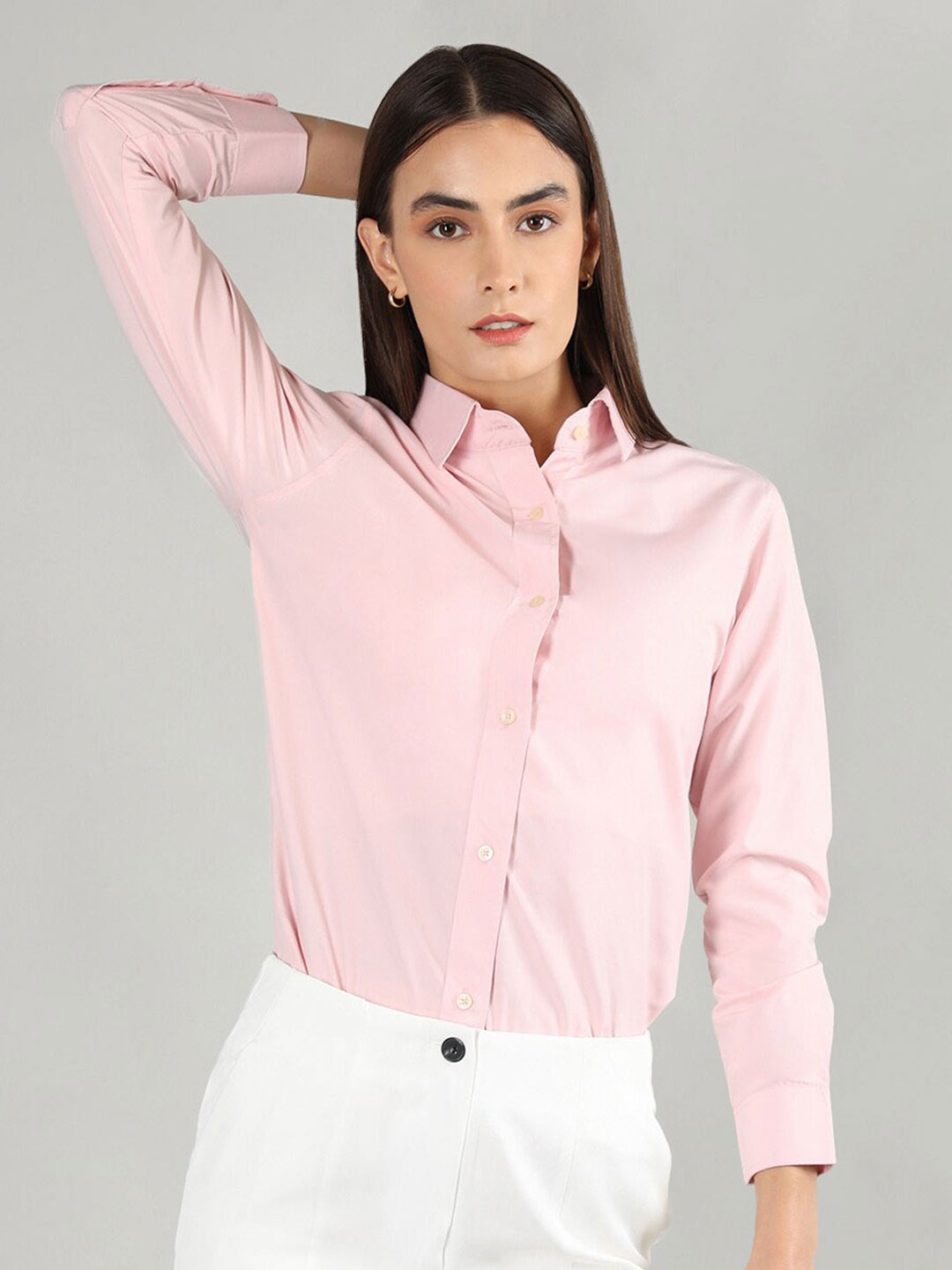 

Dlanxa Slim Fit Cuffed Sleeves Formal Shirt, Pink