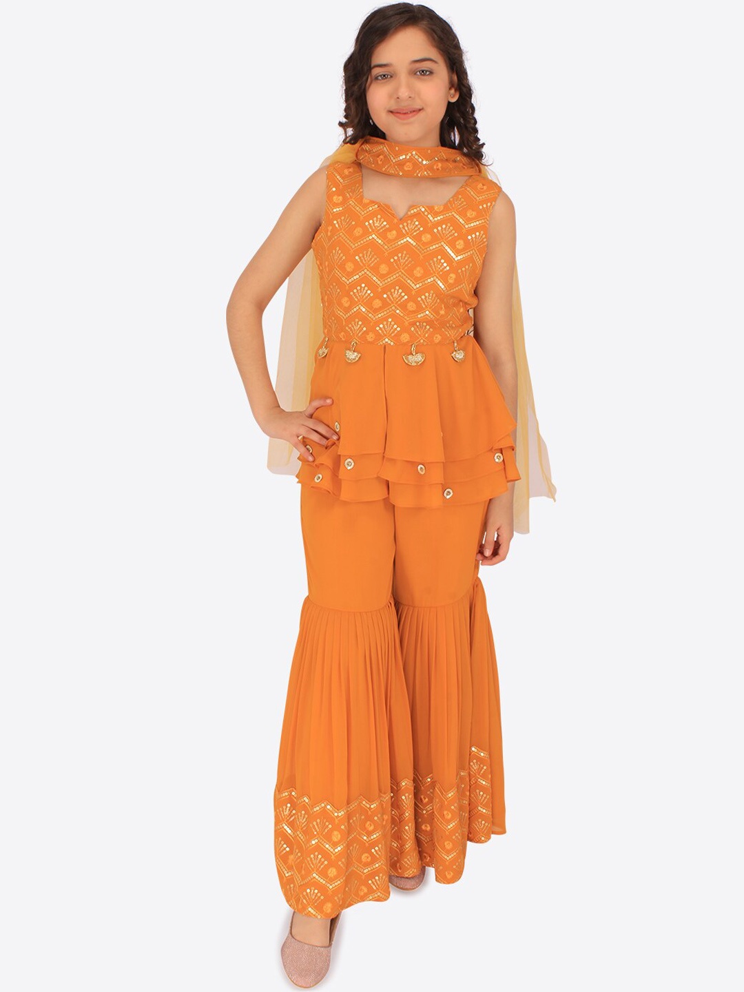 

CUTECUMBER Girls Sequins Embellished Layered Kurti with Sharara & Dupatta, Mustard