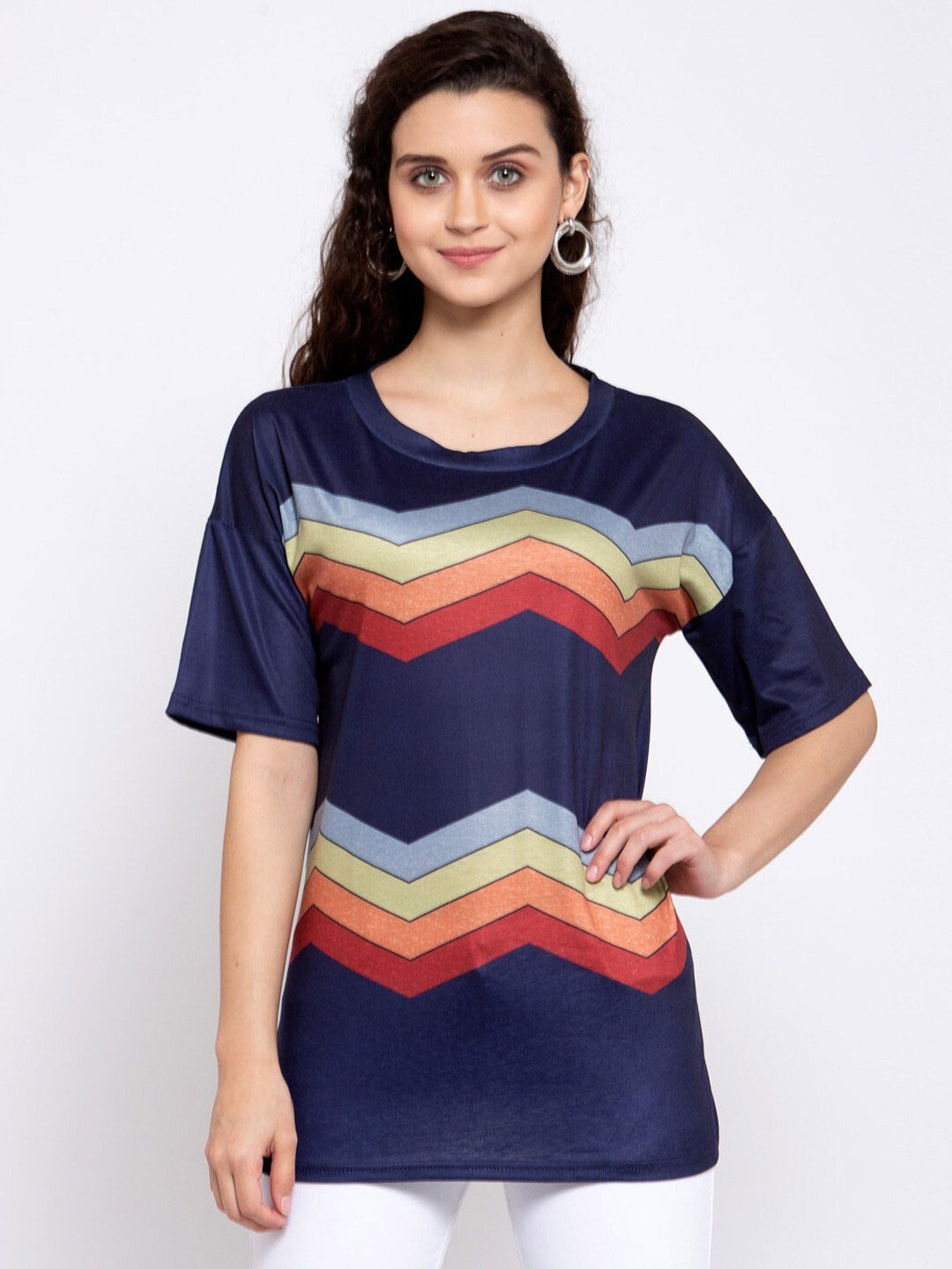 

iki chic Geometric Printed Drop Shoulder Sleeves T-shirt, Navy blue