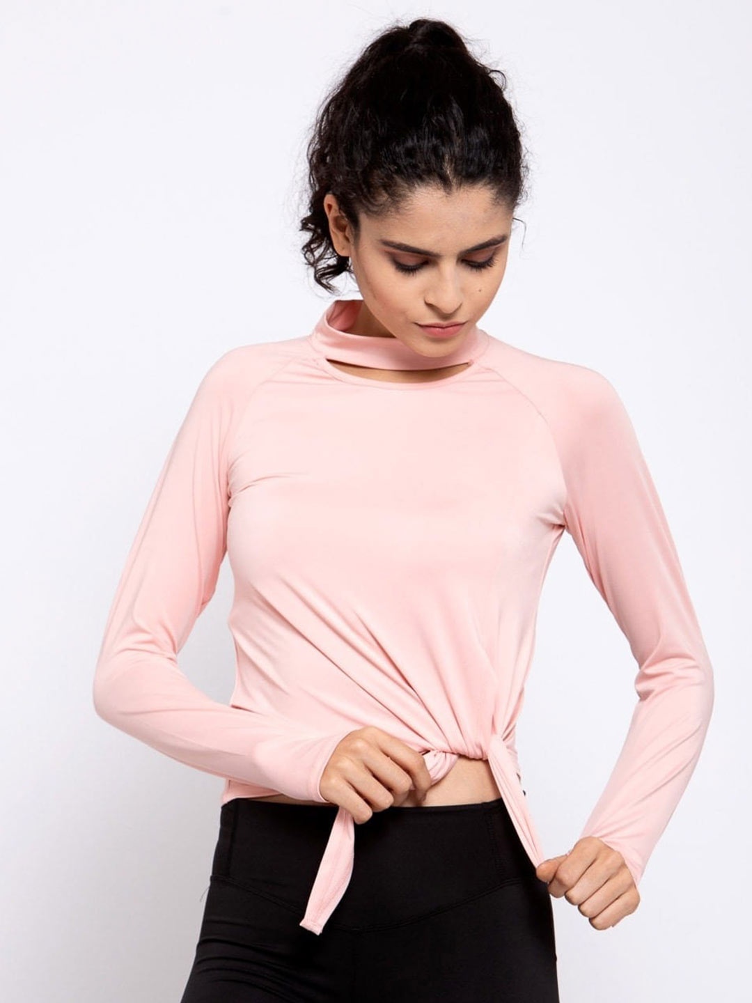 

iki chic Raglan Sleeves High Neck Side Knot Gym T-shirt, Pink