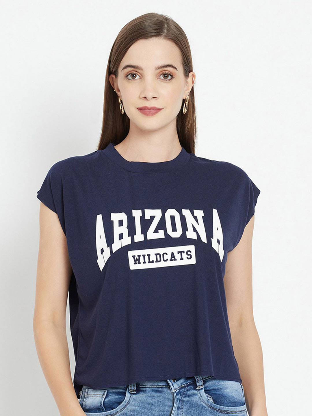 

iki chic Typography Printed Extended Sleeves Crop Relaxed Fit T-shirt, Navy blue