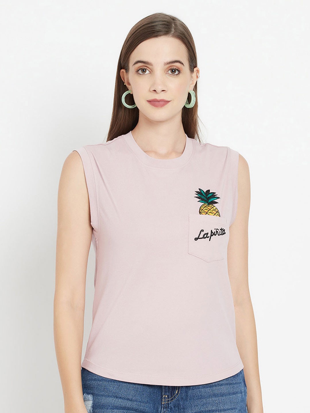 

iki chic Round Neck Sleeveless Pineapple Embroidered Cotton T-shirt, Lavender