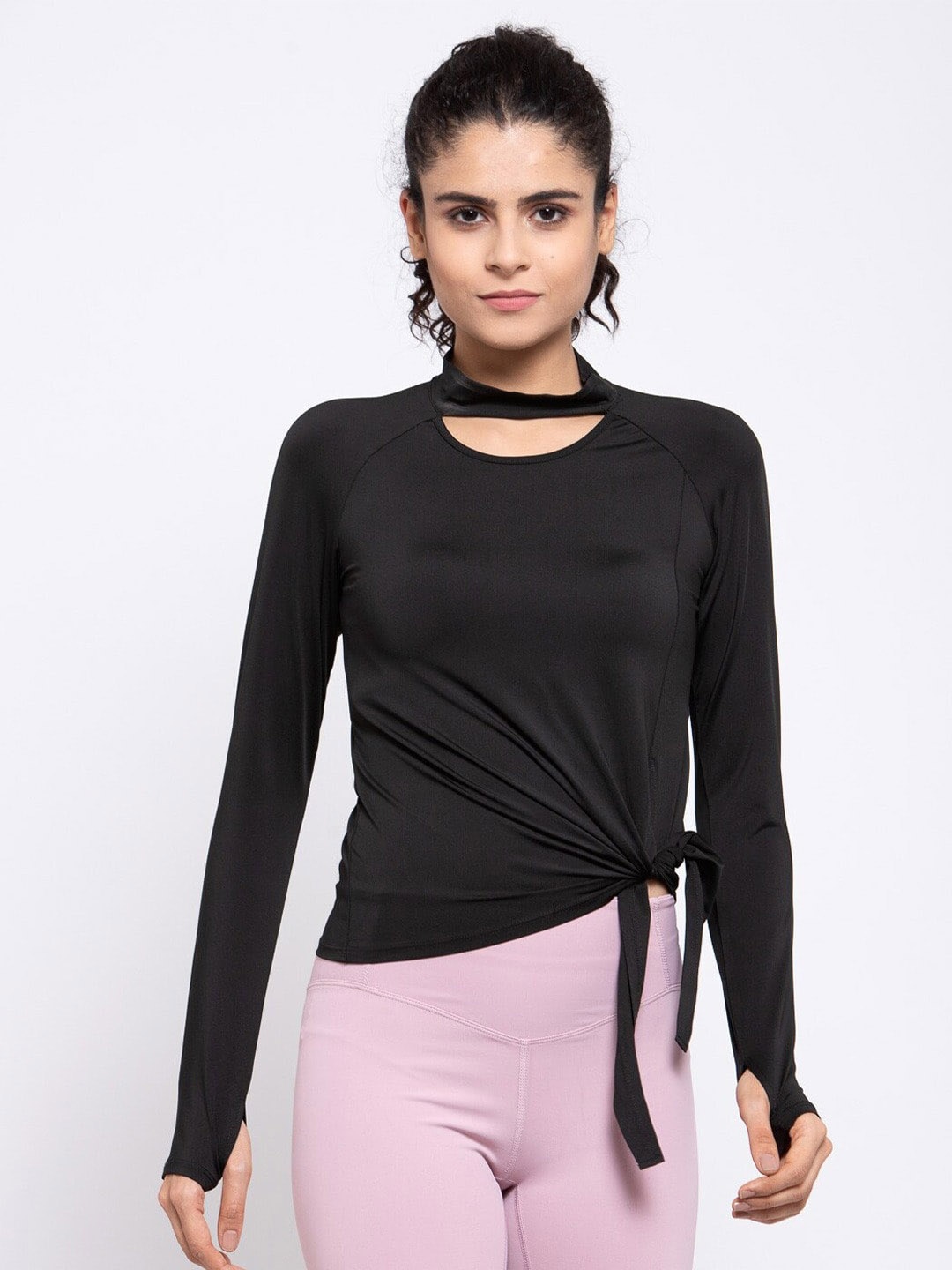 

iki chic High Neck Long Sleeve Tie Up Top, Black