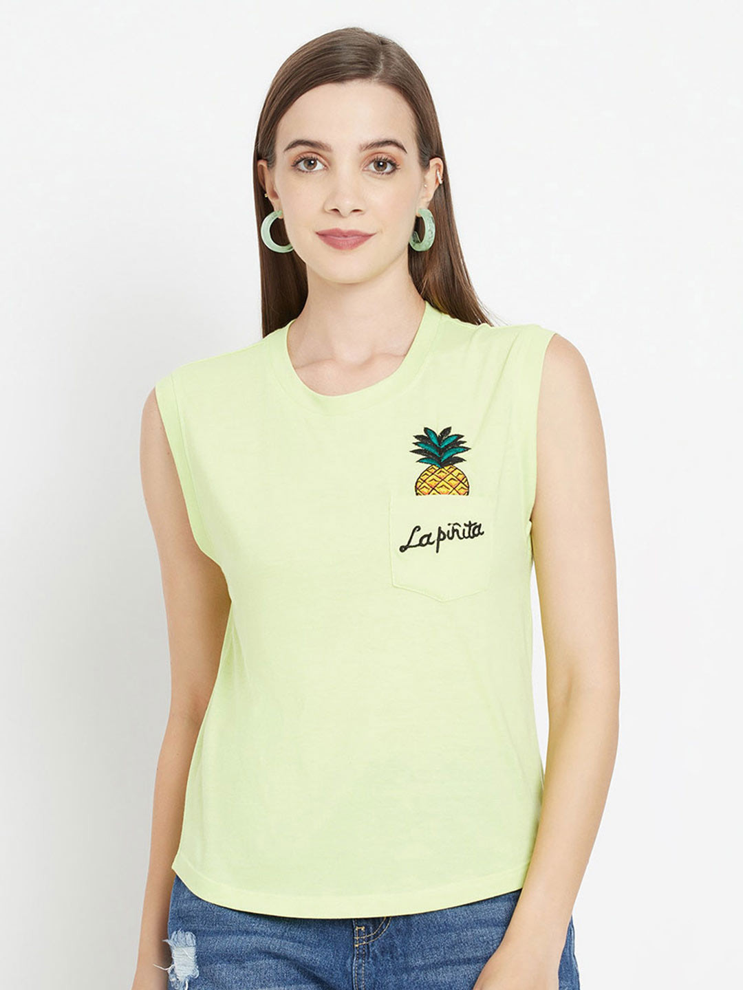 

iki chic Pineapple Embroidered Sleeveless Pure Cotton Relaxed Fit T-shirt, Green