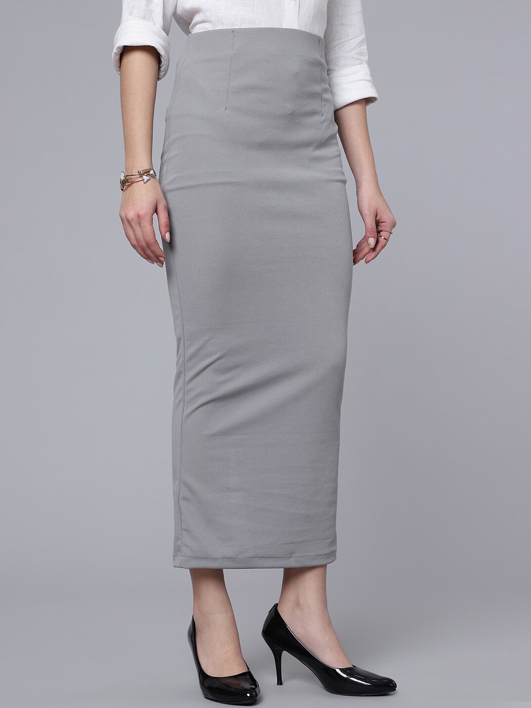 

Purple Feather Back Slit Long Stretchable Formal Pencil Skirt, Grey