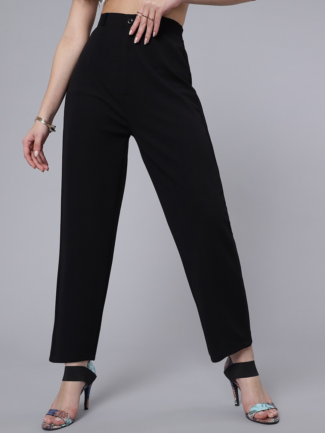 

Purple Feather Women Mom Fit High-Rise Easy Wash Trousers, Black