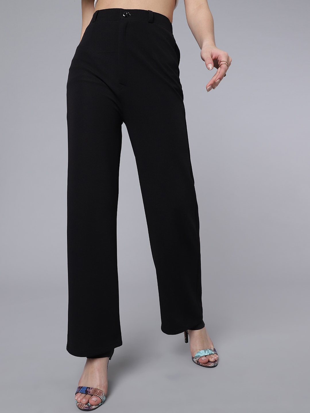 

Purple Feather Women Flared High-Rise Wide Leg Trousers, Black