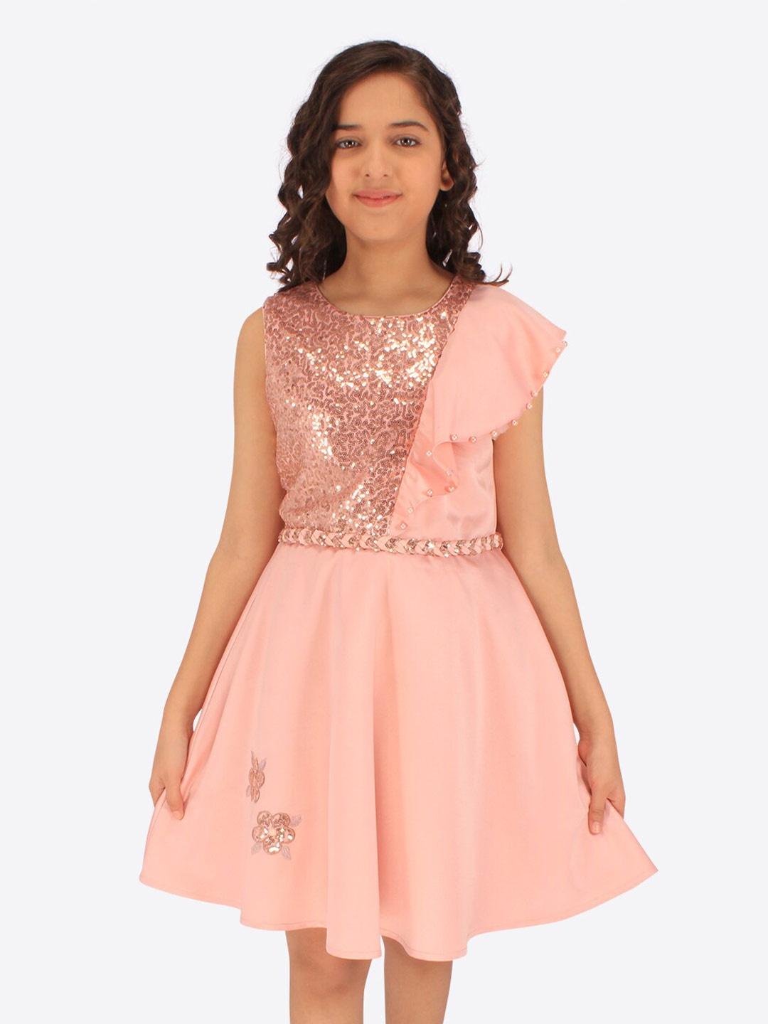 

CUTECUMBER Girls Sequinnned Fit and Flare Net Dress, Peach