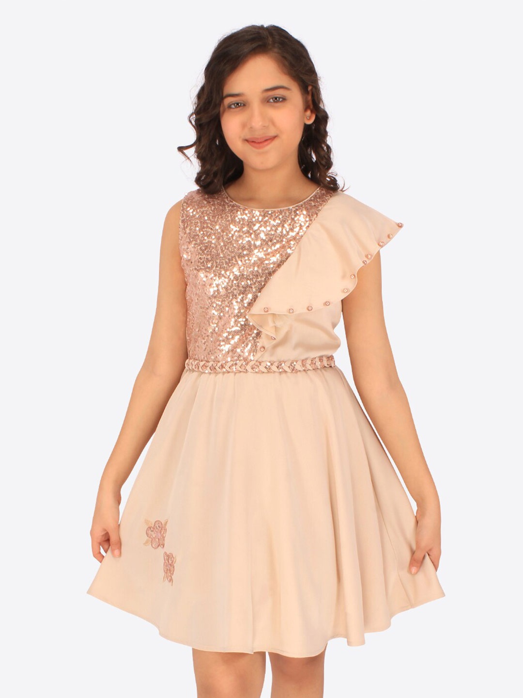 

CUTECUMBER Girls Embellished Sequined Fit & Flare Dress, Beige