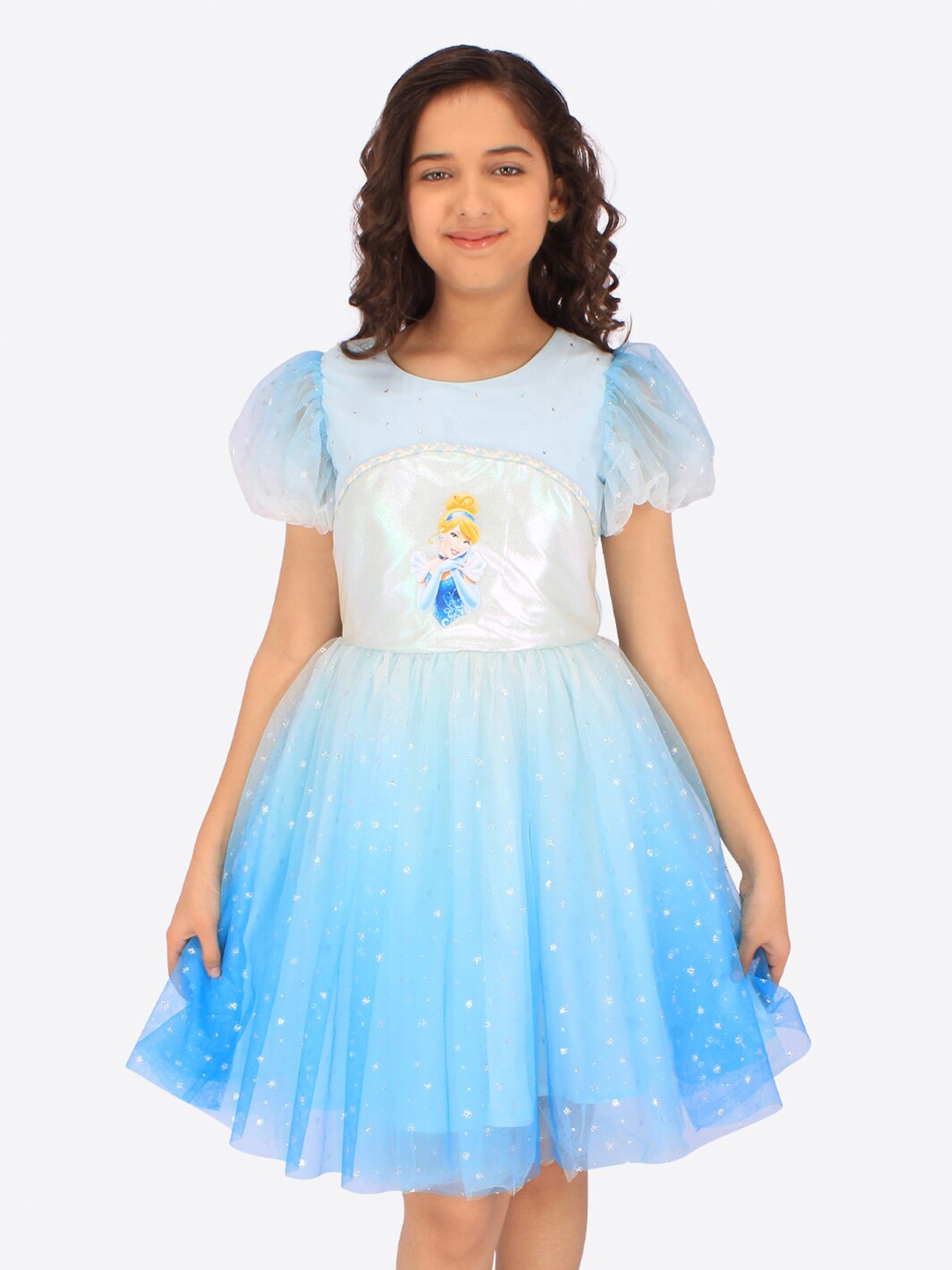 

CUTECUMBER Girls Printed Disney Embellished Fit & Flare Dress, Blue