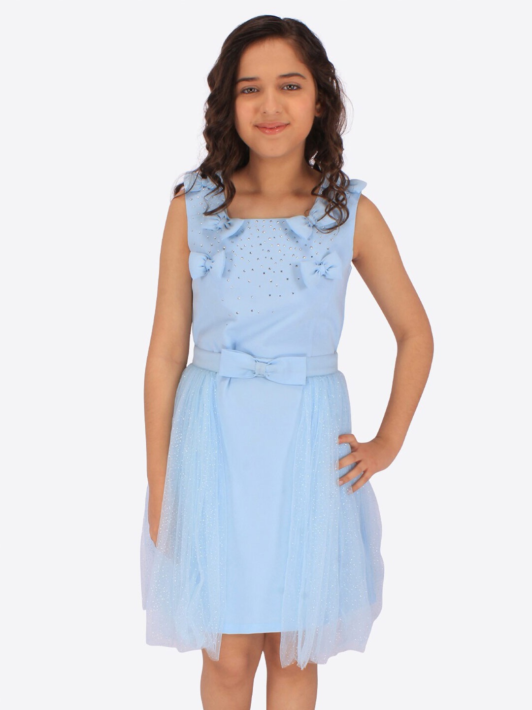 

CUTECUMBER Girls Embellished Square Neck Sleeveless Dress, Blue
