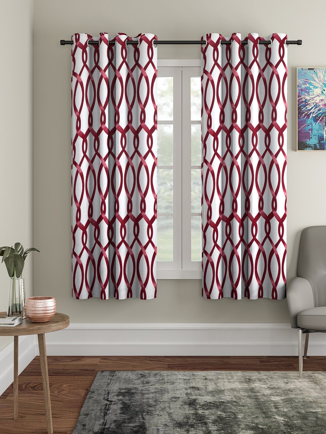 

Cortina White & Maroon 2 Pieces Geometric Window Curtains