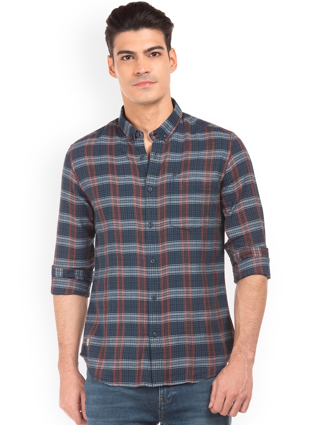 

Ed Hardy Men Navy Blue & Red Regular Fit Checked Casual Shirt