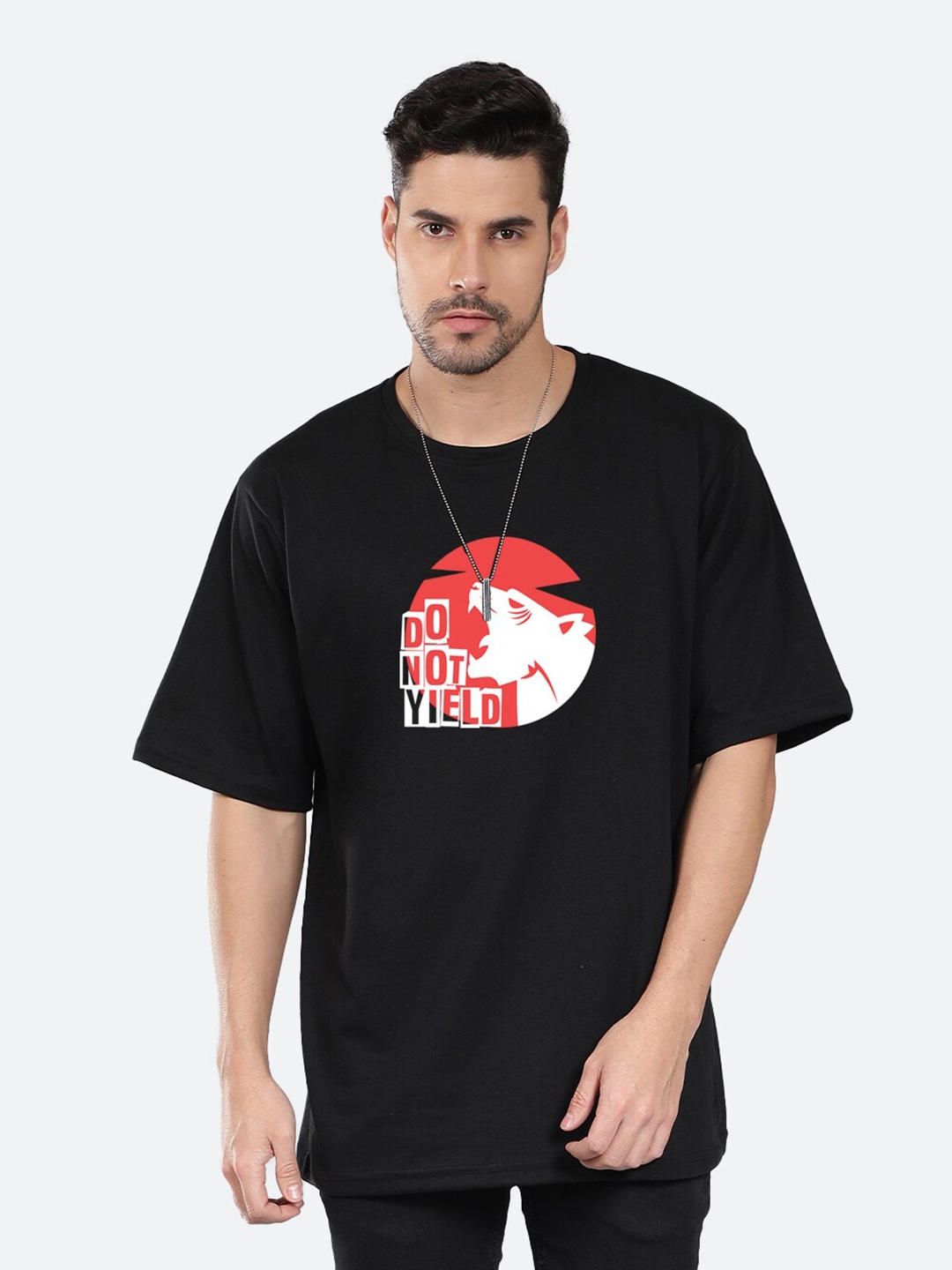 

Mad Over Print Typography Printed Drop-Shoulder Cotton Loose T-shirt, Black