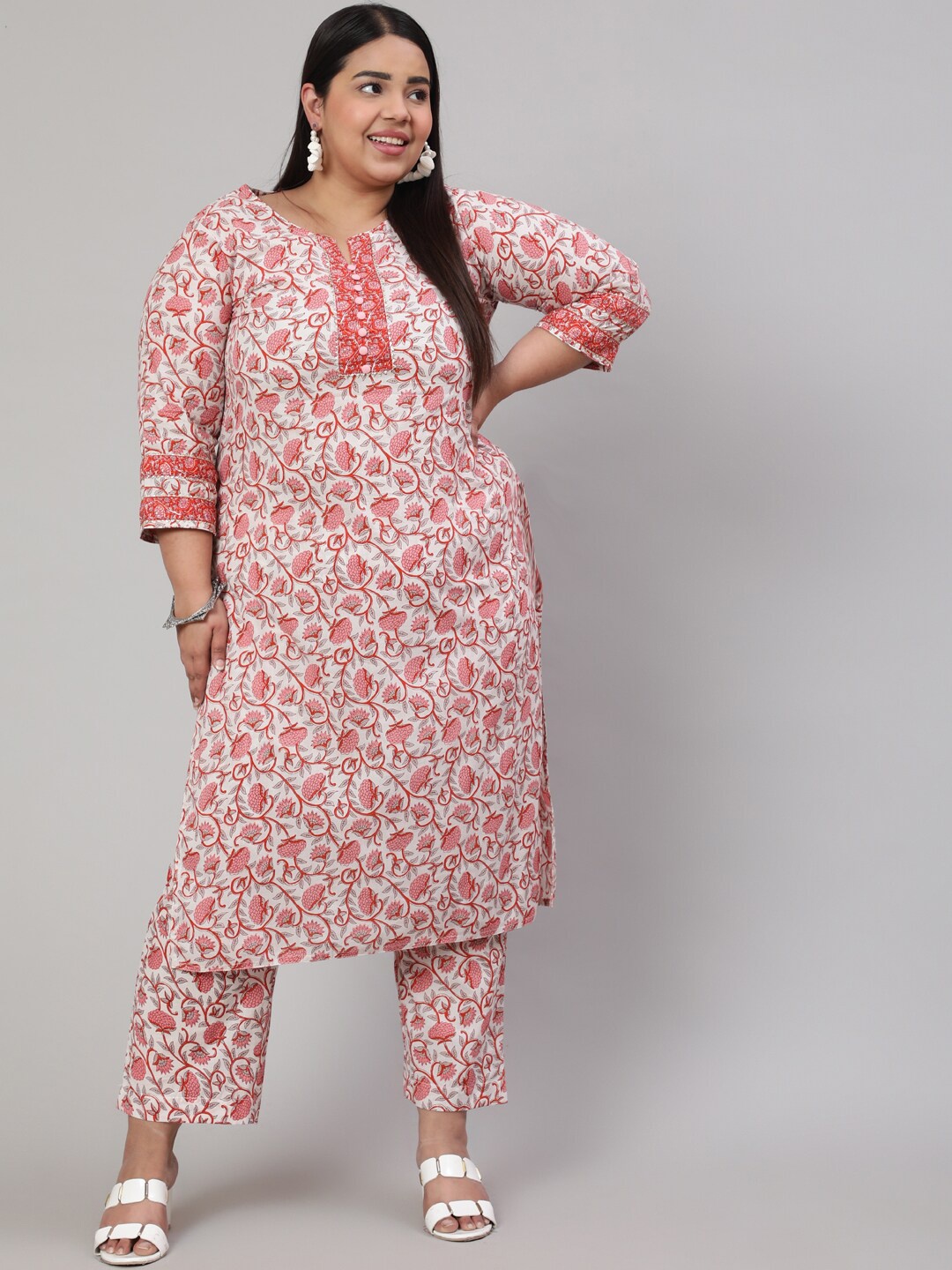 

Jaipur Kurti Women Plus Size Floral Printed Pure Cotton Kurta With Palazzos, Pink